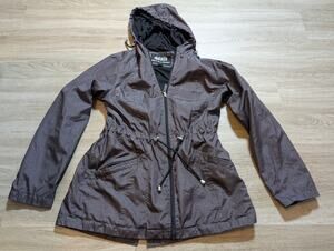 Intl Details Womens S Brown Hooded Packable Rain Jacket Full Zip Drawstring Coat